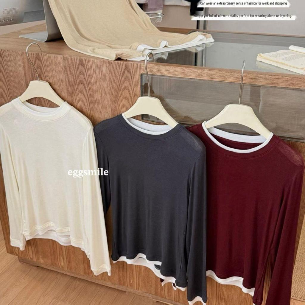 New Egg Women's Tencel Wool Two-Piece Long Sleeve Round Neck Slimming Color Block Top