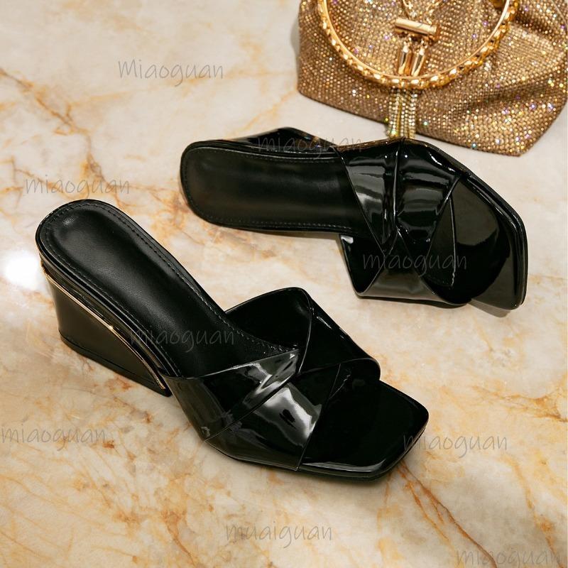 Patent Leather Square Toe Wedges Mules for Women Twist Strap Slide Sandals Fashion Ladies High Heel Slippers Summer Footwear