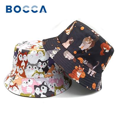 Bocca Cartoon Cat Bucket Hat Cute Animal Printing Pattern FisherUnisex Hats Double Sides Panama Cap For Unisex Women Outdoor New Style