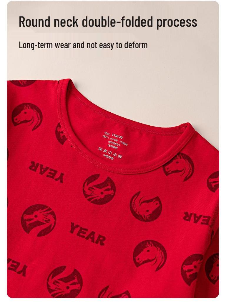 Children's Year of the Dragon Red Cotton Base Layer Set - Autumn/Winter Pajamas for Boys and Girls