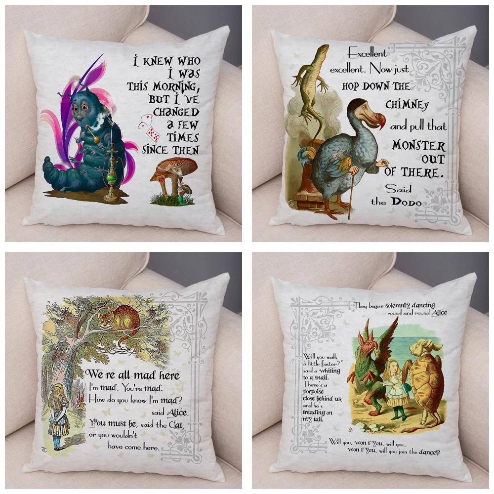 Alice In Wonderland Cushion Cover Cute Rabbit Cat Printed Sofa Pillow Vintage Home Decorative Pillow Case for Children Room