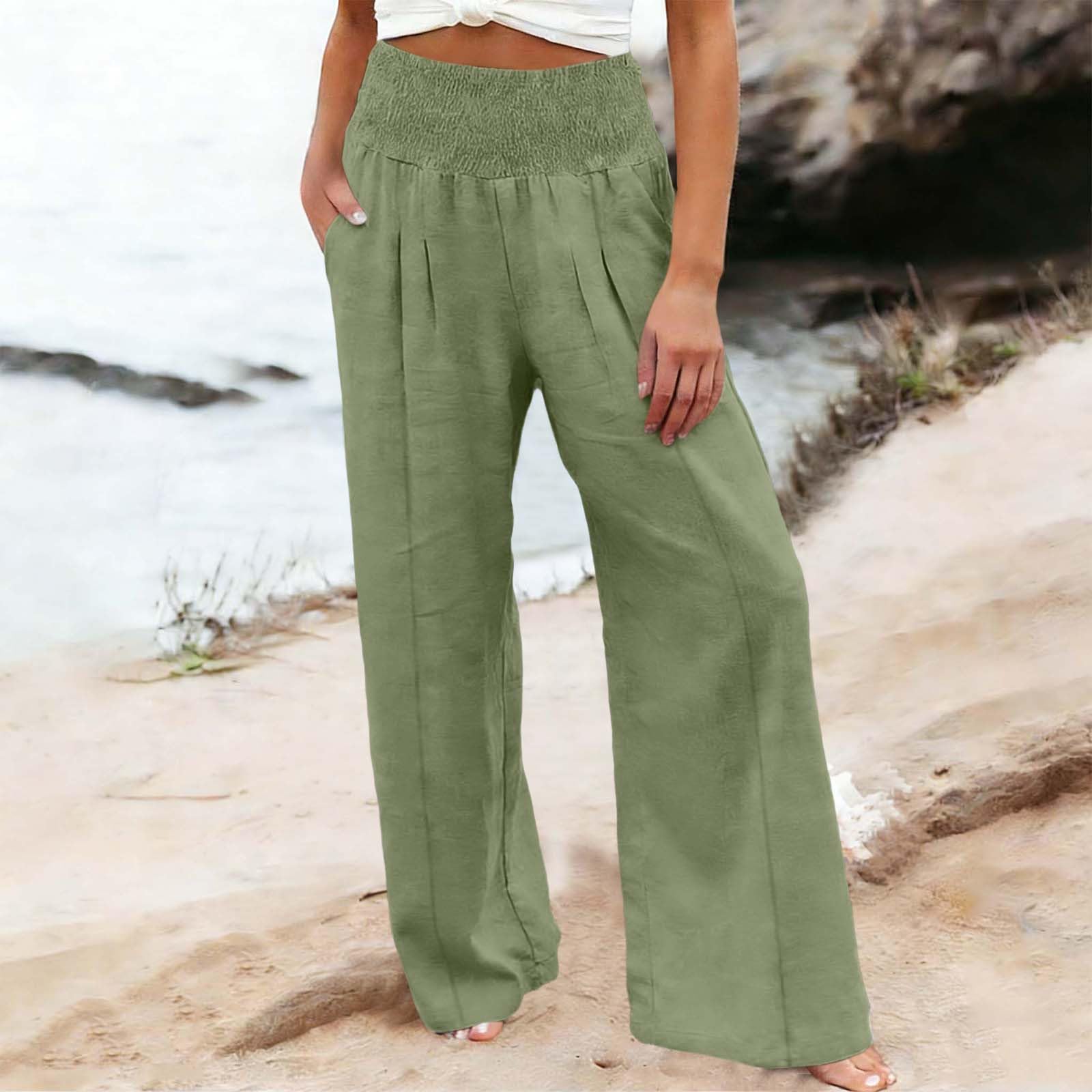 

Women s Casual Fashion Cotton Linen Elastic Waist Pants With Pockets L