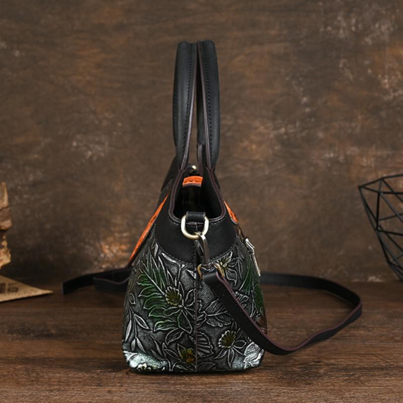 Johnature Genuine Leather Embossed Handbag Handmade Women's Bag Large Capacity Shoulder Crossbody Bag