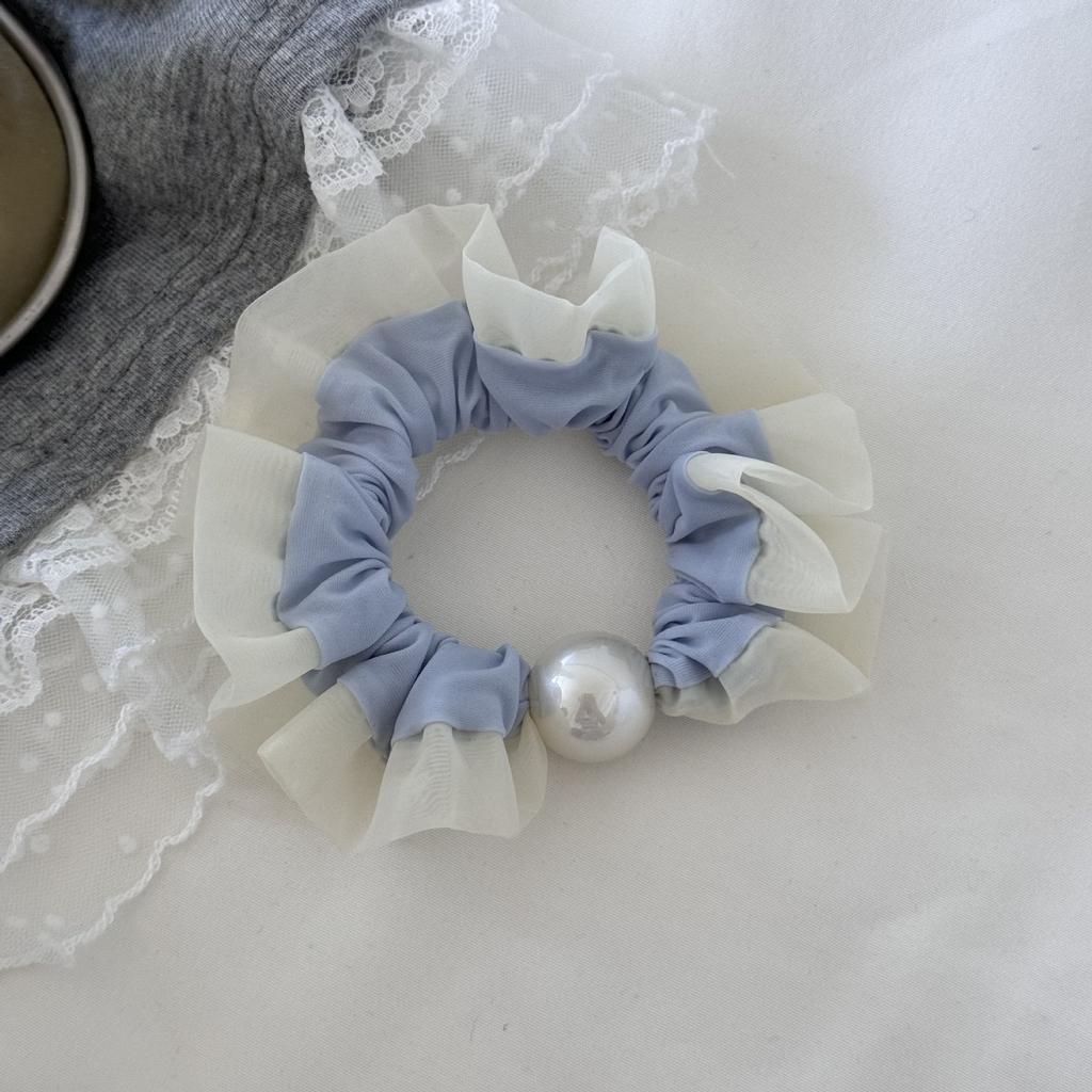 Soft and Comfortable Sea Salt Blue Lace Edge Mask, Small Ice Thread Hair Band, Fashionable and Simple Pearl Hair Accessory