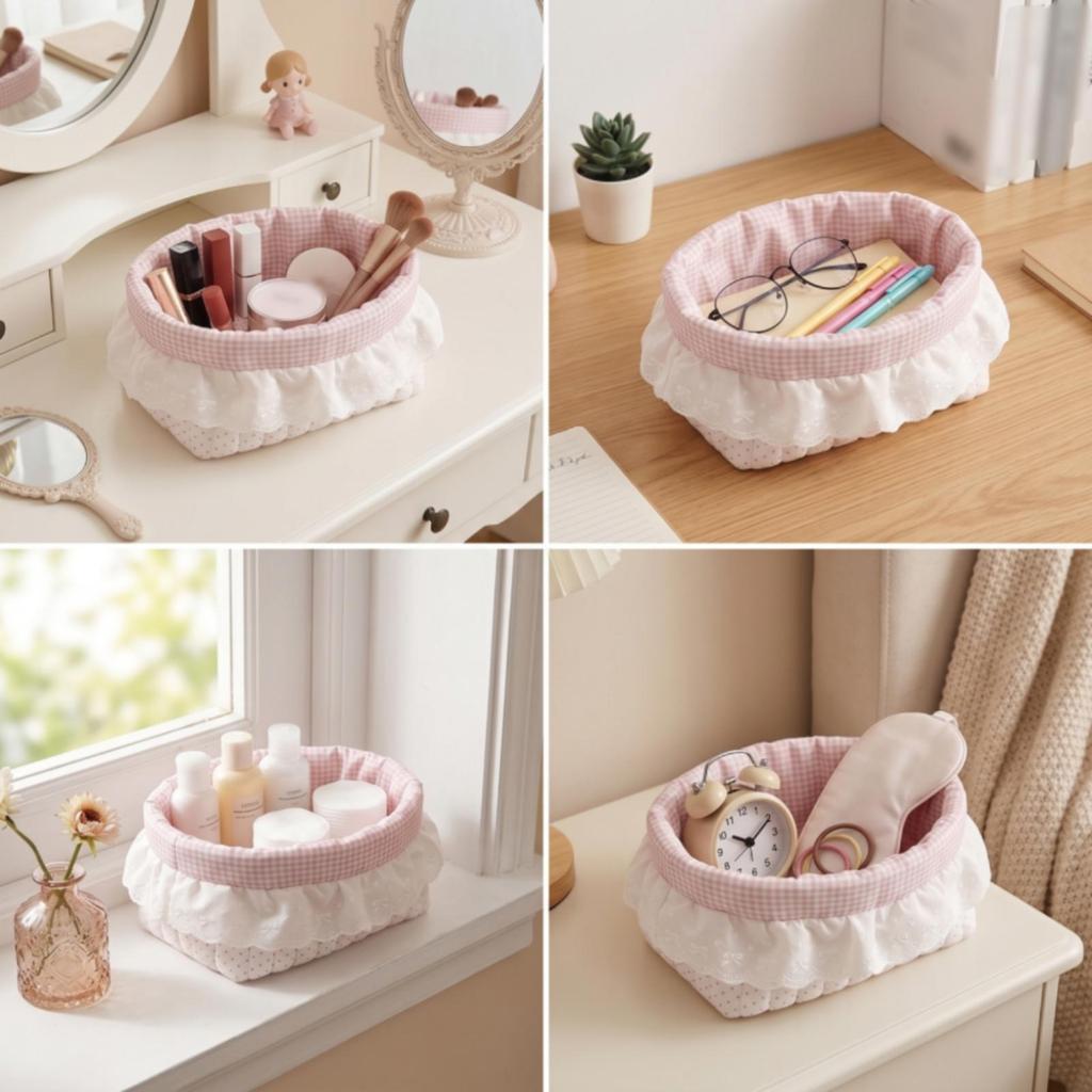 Quilted Textile Basket Gingham Lining Lace Trim Dotted Pattern for Desk