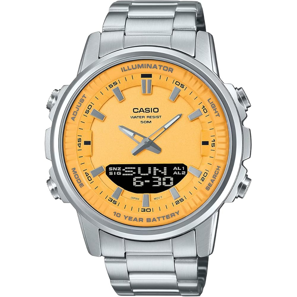 Casio World Time Analog-Digital Quartz Men's Watch AMW-880D-9AV Orange Yellow Metal Band International Model