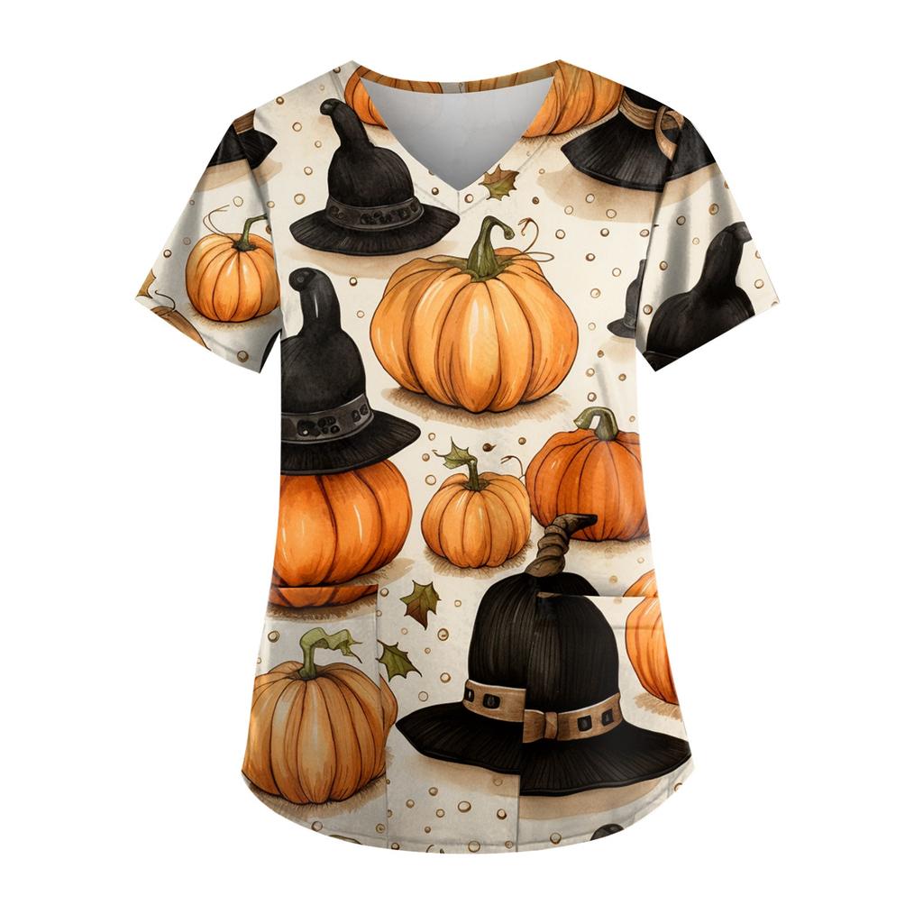 Plus Size Halloween Printed Working Uniform Tops For Women V-Neck Short Sleeve T-Shirts Workwear Tee With Pockets