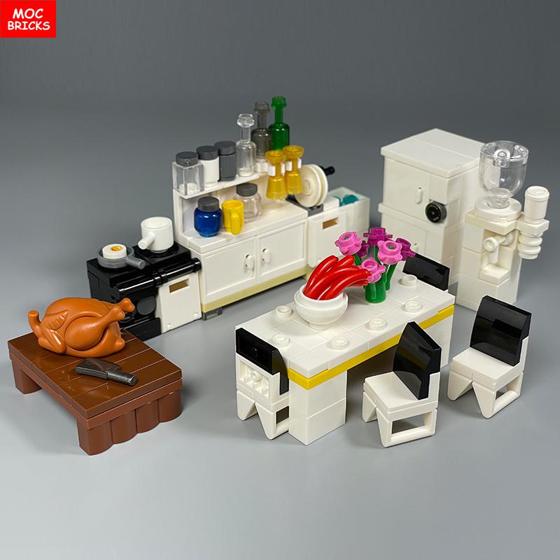MOC Blocks Kitchen Cabinet Tableware Tool Coffee Maker Machine Water Dispenser Cooking Bench Learning Construction Block Children Toy