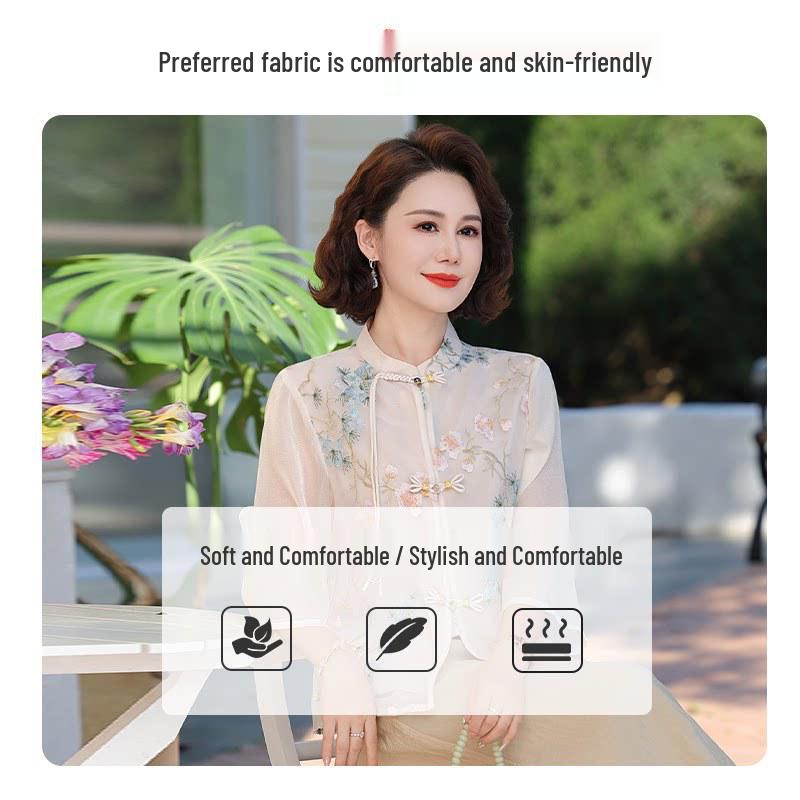 Mom's New Chinese Style Chiffon Shirt - Seven-Sleeve Top for Spring & Autumn