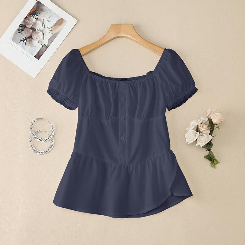 

VONDA Women Puff Sleeve Slim Waist Ruffled Casual Blouse 2XL тёмно-синий