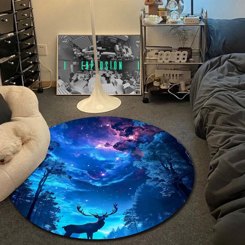 Statement Round Deer Blue Floor Rug, Non-Slip Floor Mat for Nursery
