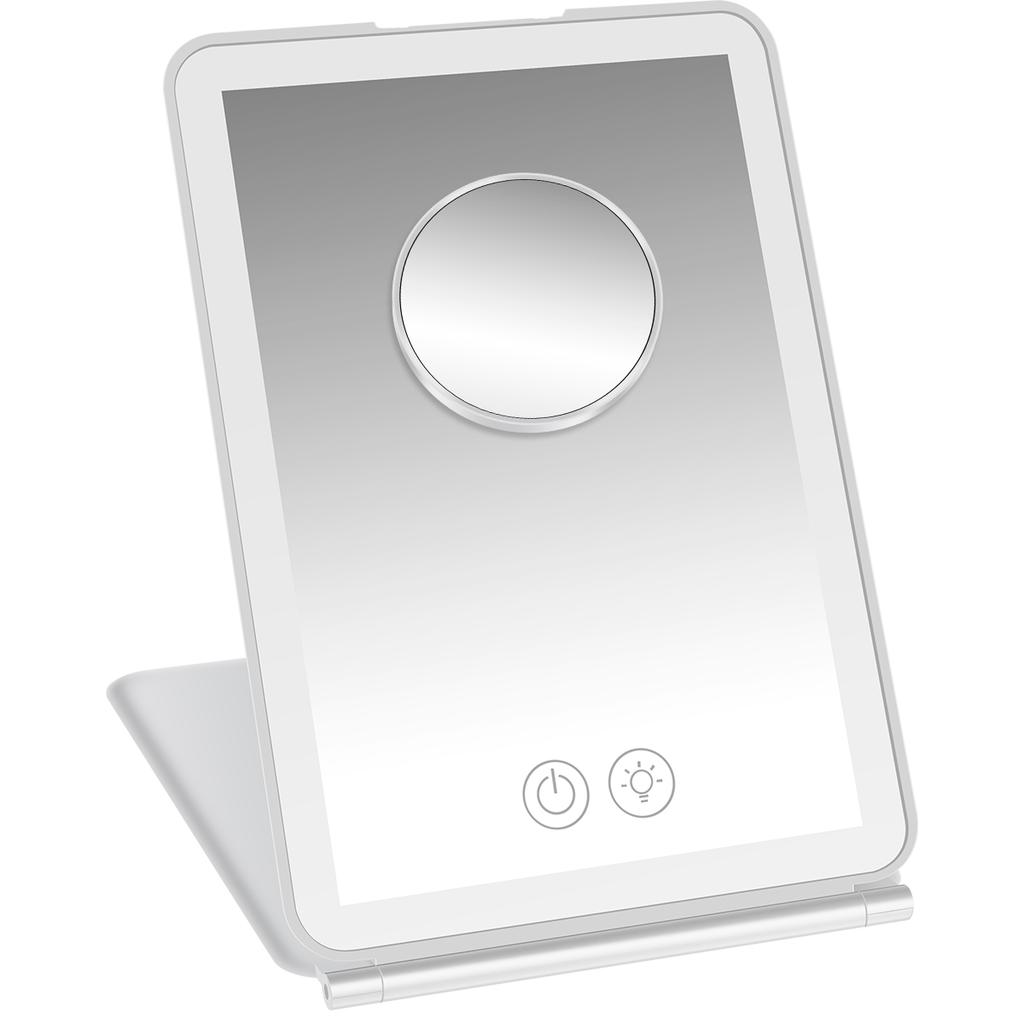 Portable Foldable Travel Makeup 10x 3 Colors LED Light Cosmetic Mirror Touch Screen Stepless Dimming USB Travel Dressing Glass