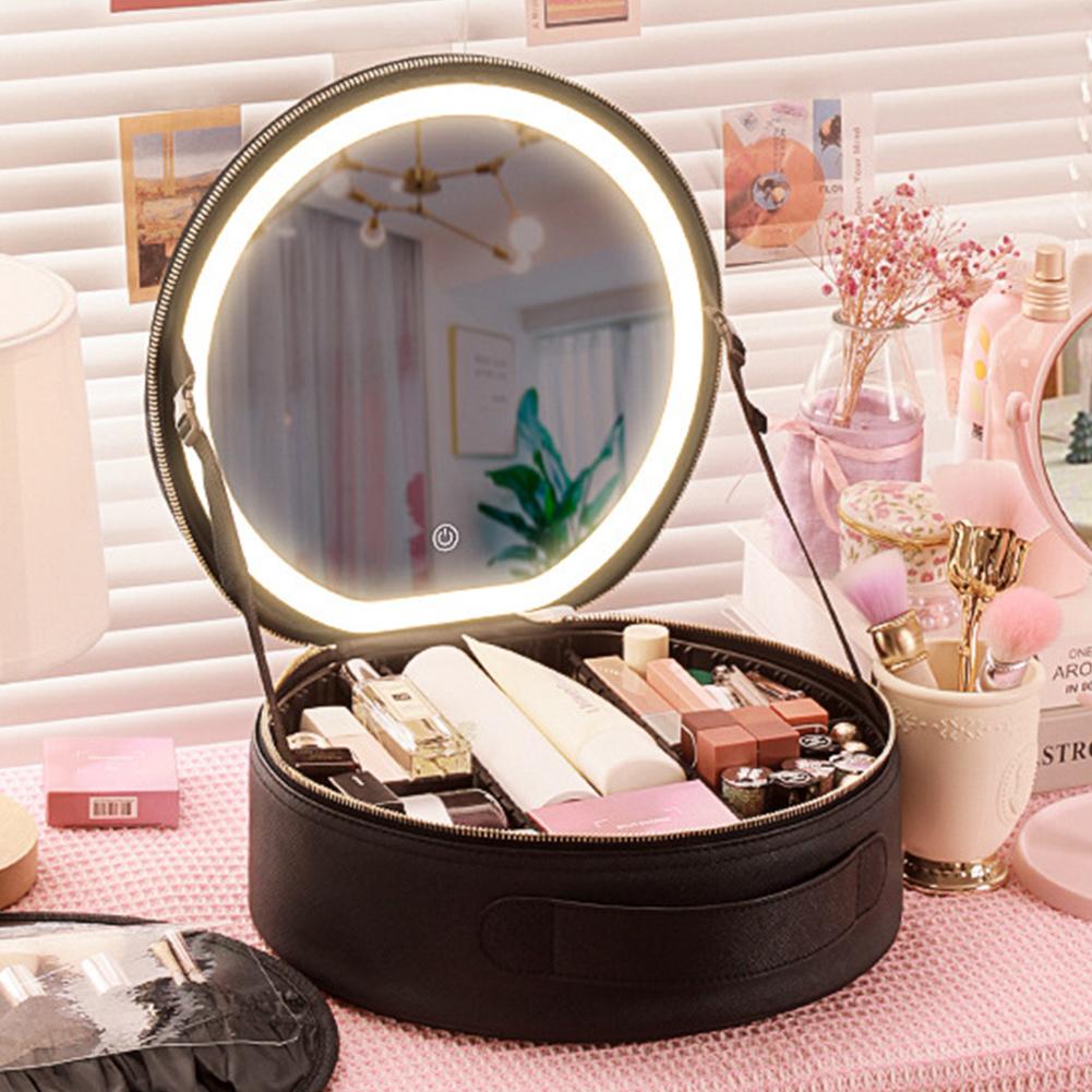 Circular Cosmetical Storage Case Vanity LookingGlass With Light Portable Large Capacity Cosmetic Bag Ladies Wash Bag