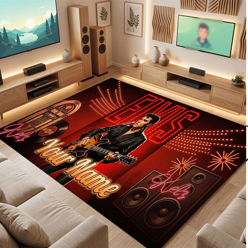 Elvis Presley Kişiselleştirilmiş Kristal Kadife Halı, Oturma Odası Yatak Odası İçin Özelleştirilmiş İsim Metinli Yumuşak Kaymaz Halı