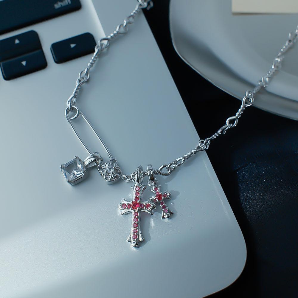 

French Full Diamond Double Cross Tassel Necklace Women S Versatile Pin Clavicle Chain Sweet Cool Spice Girl Style Necklace