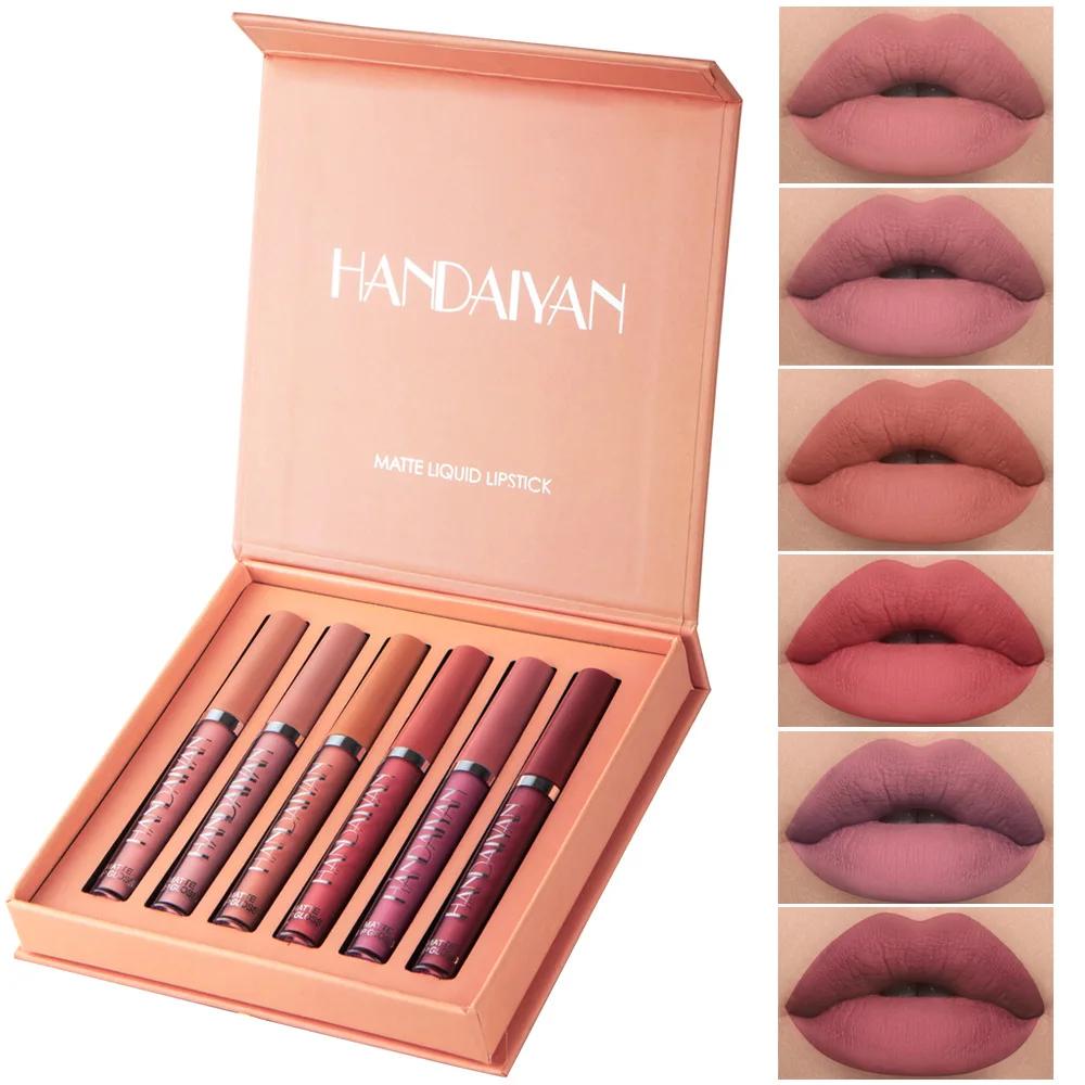 HANDAIYAN 6pcs/Set Lip Gloss Long Lasting Waterproof Matte Lip Tint NonStick Cup Liquid Lipstick Gift Box Cosmetics Makeup