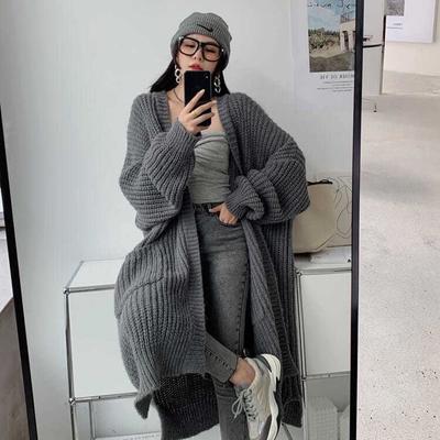 Autumn and Winter Ladies' Lazy Style Mid-Length Over-the-Knee Sweater Loose and Versatile Long-sleeved Knitted Cardigan