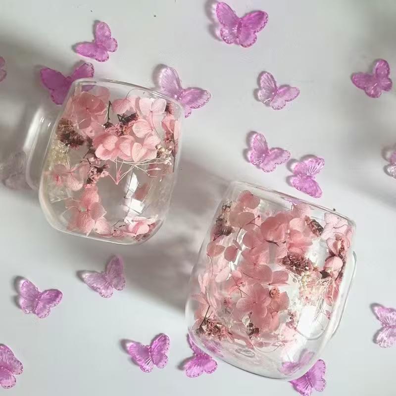1Pc Double-Walled Glass Coffee Mug With A Real Flower Design Inside, Suitable For Coffee, Milk, And Other Beverages.