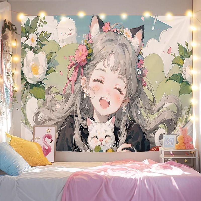 Wreath Girl And White Rabbit Tapestry Wall Hanging Home Decor for Bedroom Living Room Dorm Fresh Flower Rabbit Anime
