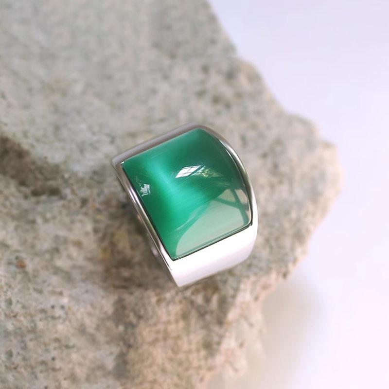 Inel Vintage Pătrat din Jad Hetian Natural cu Piatră Ochi de Pisică Smarald pentru Cupluri