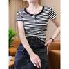 Women Black White Striped Short Sleeve Henley Neck T-Shirt