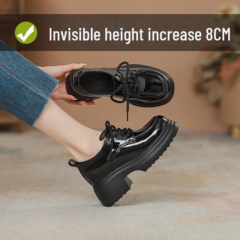 Women's Genuine Leather Thick-Soled Lace-Up Loafers, High-Heeled, British Style, Autumn/Winter 2024.