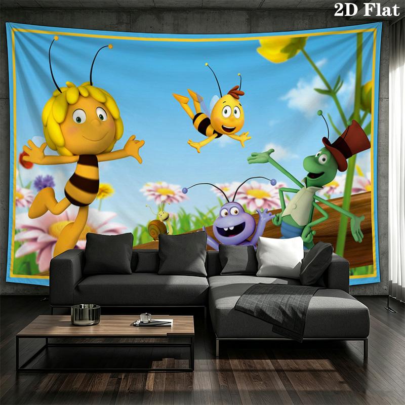 Maya the Bee Tapestry, Cartoon La Abeja Maya & Friends Honeycomb Print Wall Hanging for Kids Bedroom Home Decor