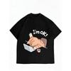 Casual Loose T Shirt Black Cat Sleeping On Laptop With I'm OK Text Print Women's Everyday Wear Comfortable Top For Home Office And Leisure Time