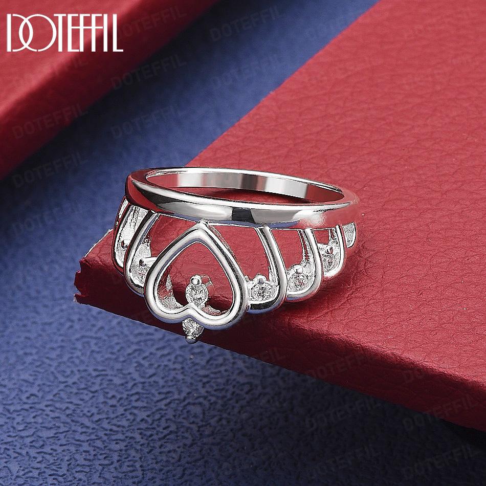 925 Sterling Silver Openwork Heart Crown Ring With AAA Zircon - Stylish Banquet Ring 7#