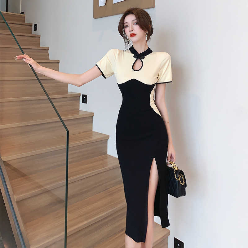 

Chinese sexy contrasting color hollow dress summer dress new temperament high waist and thin split fork medium and long cheongsam S чёрный