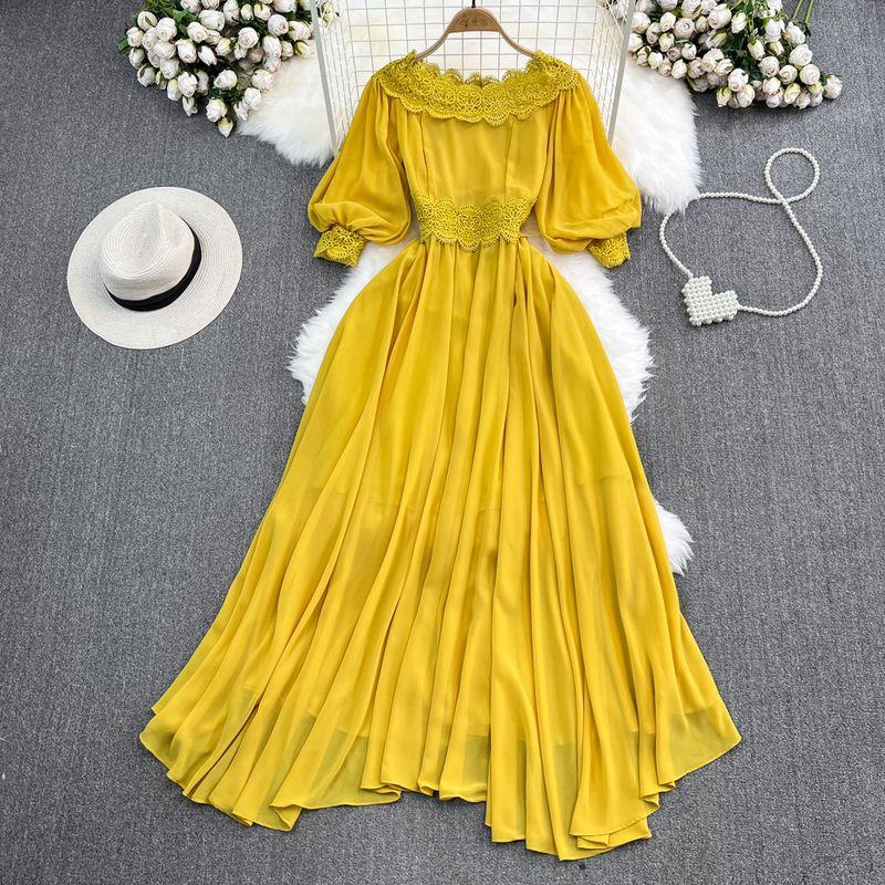 

Off-the-Shoulder Lantern Sleeve A- line Asymmetrical Elegance Dress Yellow All yards