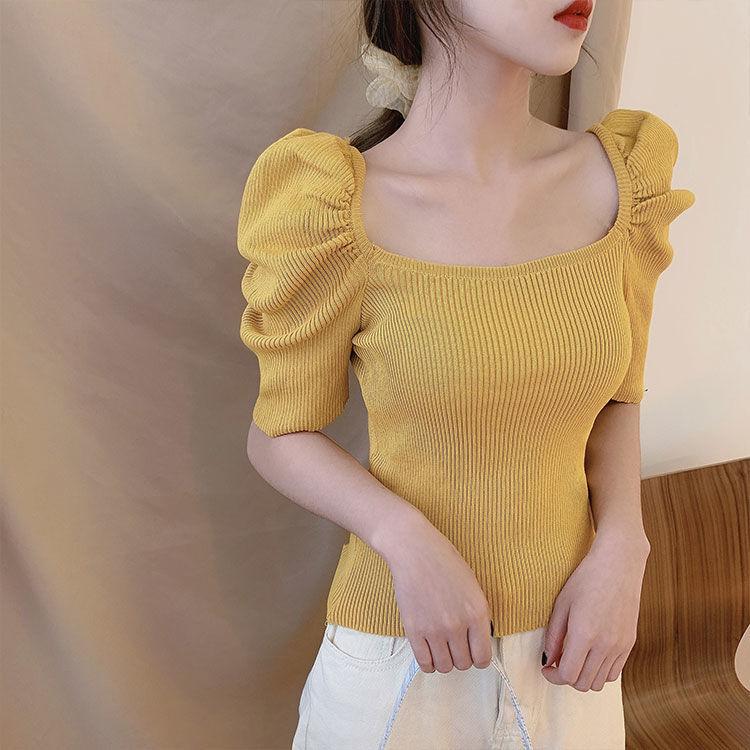 Summer Design Retro Square Neck Slim Knit Top Short Sleeved T-shirt for Women