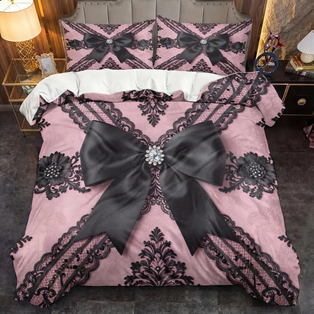 

3 Piece Set Pink Black Bow Tie Valentine s Day Print Quilt Set,Including 1 Duvet Cover and 2 Pillowcases(excluding Padding) 135cmx200cm
