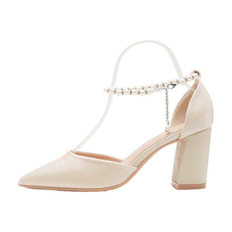 Elegant Pearl-Embellished Satin Heels - 5cm Chunky Low Heel Bridal Shoes with Adjustable Ankle Strap