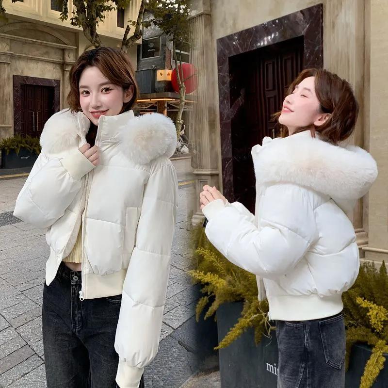 Jaqueta Curta Feminina de Inverno Espessa com Cintura Definida, Gola de Pelo Quente e Design com Capuz