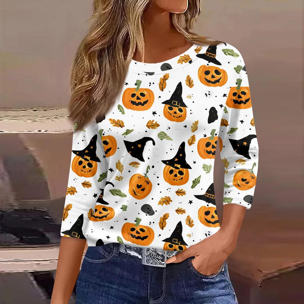 Women's 3/4 Sleeve Loose Fit Casual Shirt Round Neck Halloween Print Top Comfortable Lightweight Fabric Suitable for Everyday Wear