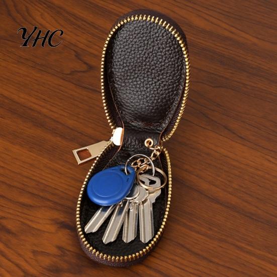 Car Key Holder Faux Leather Case with Hanging Buckle Keyring Chain Portable Fob Remote Zipper Bag Protector Pouch Wallet Cover