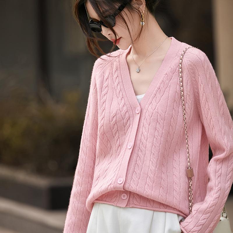 2026 Women's Pure Wool V-Neck Cable Knit Cardigan - Versatile Loose Fit Autumn Winter Outerwear