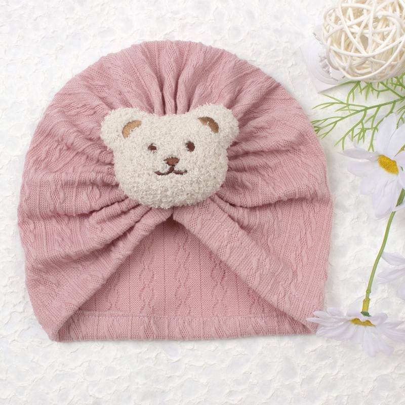Solid Turban Hat Baby Beanies Caps Headwrap with Cute Bear Charm for 0-2 Years Baby Girls Infants Toddlers Pullover Hat
