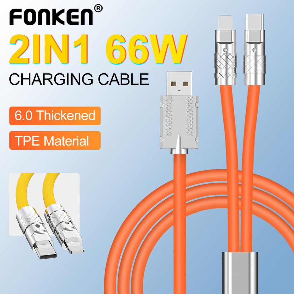 FONKEN 2 In 1 Type C 66W Liquid Silicone Fast Charging Cable For Samsung Xiaomi Zinc Alloy Lightning Charge Cable For iPone 14 Pro Max
