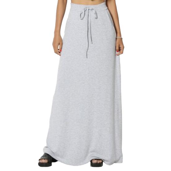 Women Maxi Skirt Adjustable Drawstring High-Waisted Solid Color Long Skirt with Pockets Casual Work Skirt