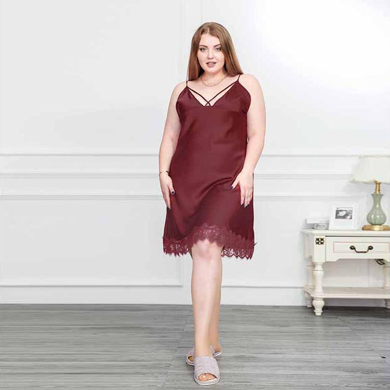 Plus Size Women V-Neck Backless Lingerie Dress Lace Hem Strap Casual Sleepwear Pajamas