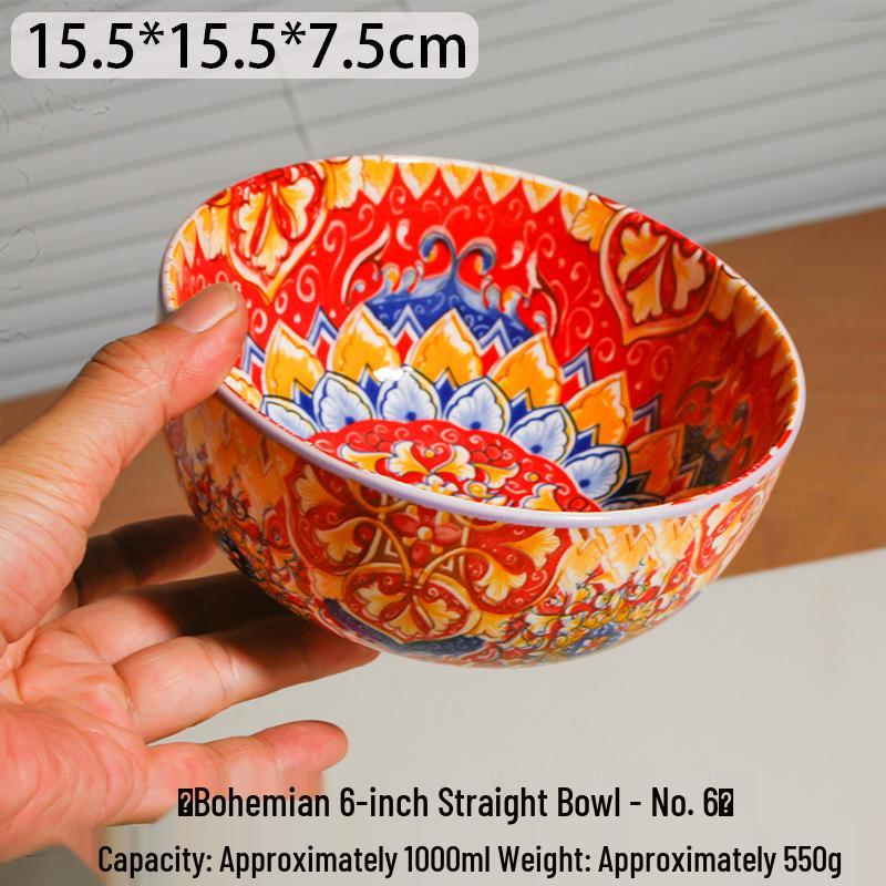 Blue Bohemian Porcelain Microwave-Safe Rice Bowl and Plate Set