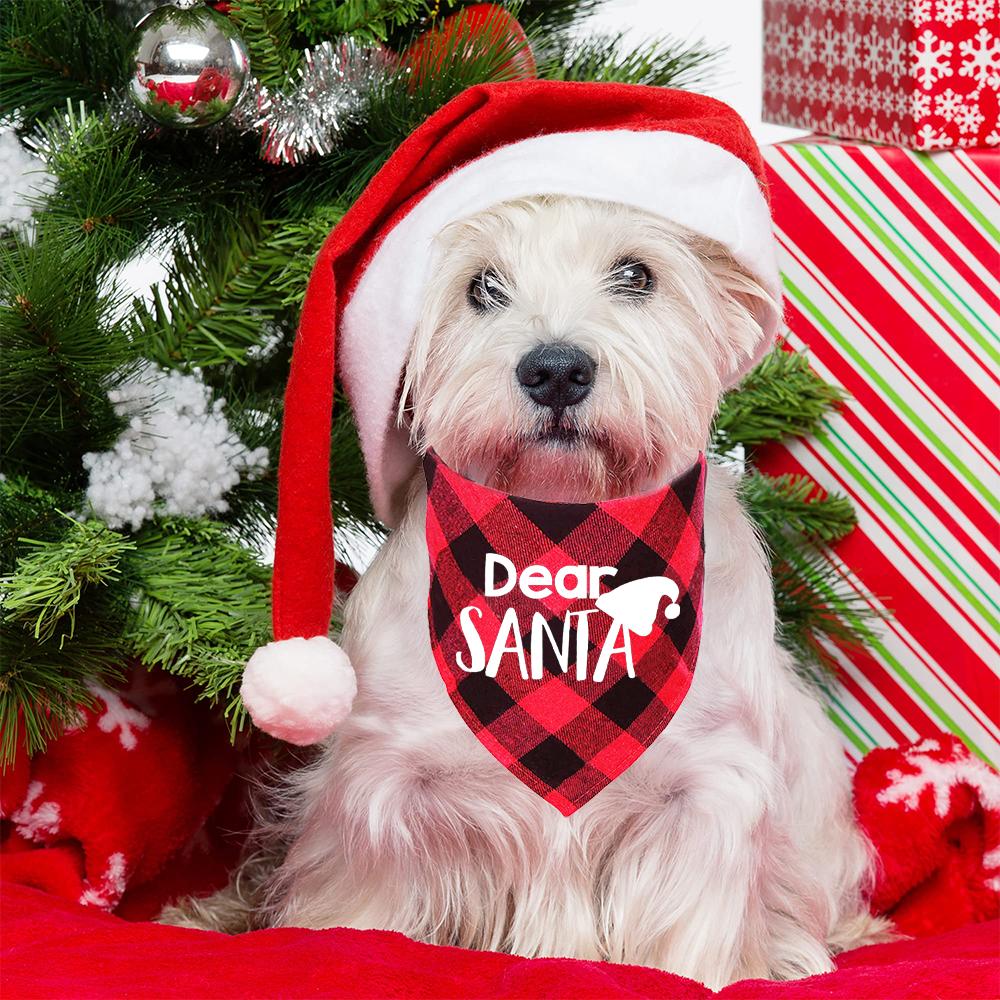 Santa's Little Yelper Printing Dog Christmas Bandanas Pet Christmas Gift Xmas Dog and Cat Bandanas Plaid Triangle Scarf Bibs
