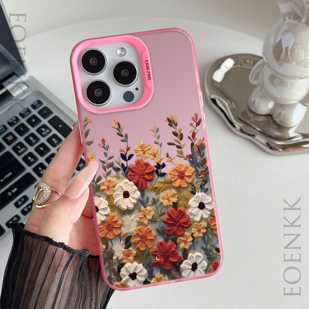 Artistic Flower Painting Matte Laser Phone Case For iPhone 14 Pro Max Case iPhone 16 15 13 12 11 XS X Plus Mini Shockproof Cover
