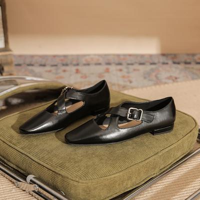 22301 buty płaskie damskie na grubej podeszwie 2025 nowe kwadratowy nosek krzyżowe zapięcie Mary Jane retro niski obcas buty wizytowe