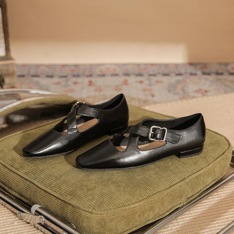 22301 flat shoes women's thick heel 2025 new square head cross buckle Mary Jane retro low heel single shoes