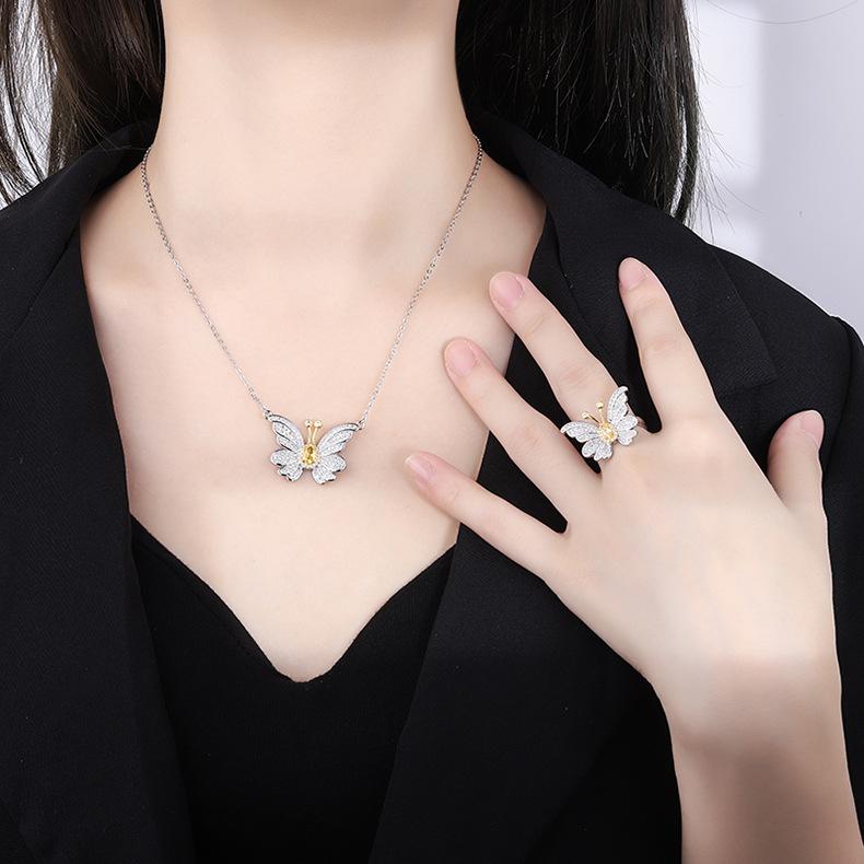 Micro Inlaid Clavicle Chain Yellow Crystal Zircon Butterfly Earrings Necklace Gold Pendant Ring
