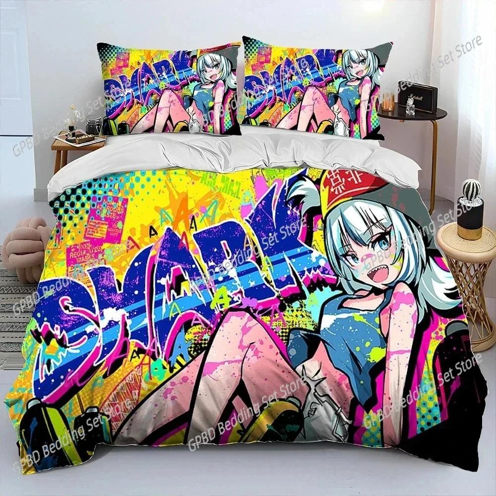Cute Gawr Gura Hololive Anime Shark Bedding Set Single Twin Double Queen King Cal King Size Bed Linen Set
