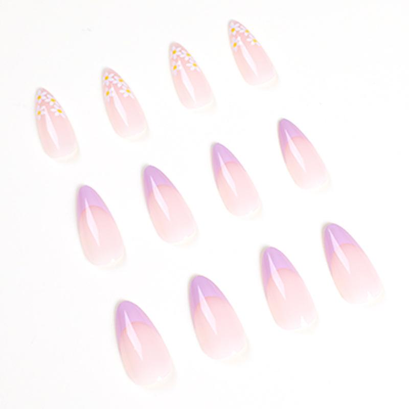 Fake Nail Patch French Nail Art Floral Nail Art Light Purple White Nail Patch Press On Nails